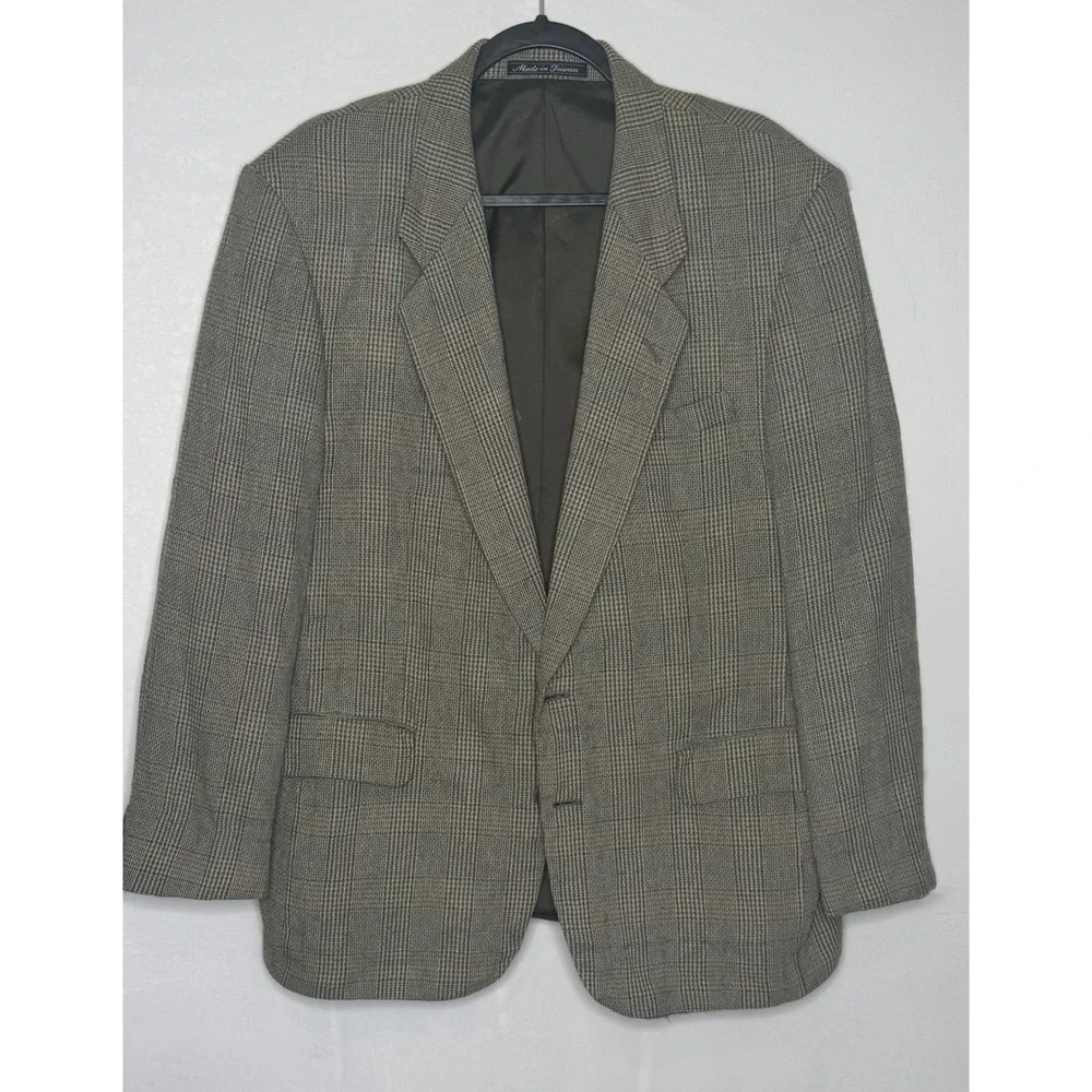 Vintage Glen Plaid Silk Wool Blazer Mens 44R Brown‎ Single Breasted Sport Coat